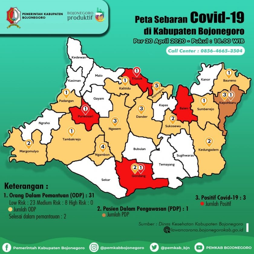Gambar : Peta Sebaran covid-19 di Kabupaten Bojonegoro (20/04/2020)